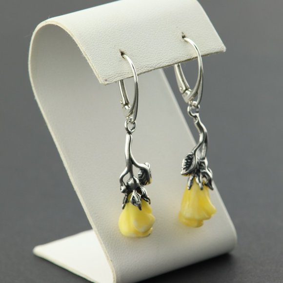 Sterling silver earrings with natural Baltic amber, amber rose drop earrings - Picture 13 of 14